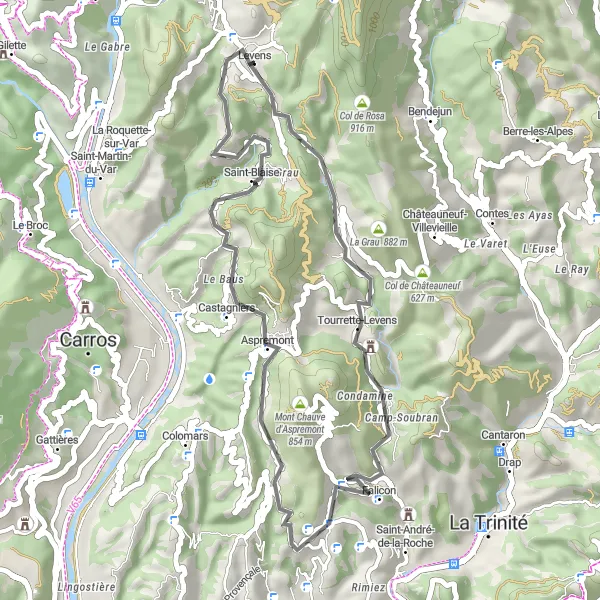 Map miniature of "Levens Loop" cycling inspiration in Provence-Alpes-Côte d’Azur, France. Generated by Tarmacs.app cycling route planner