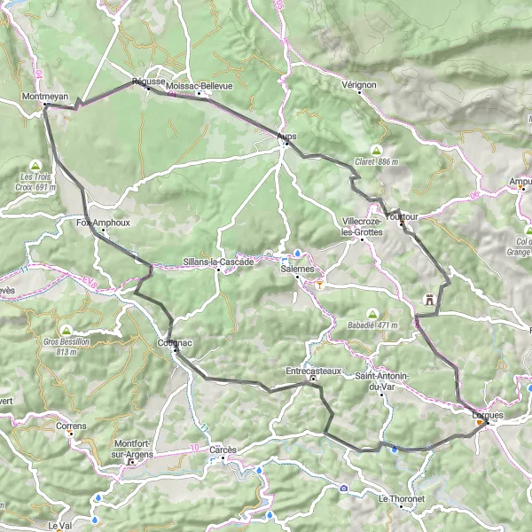 Miniatura mapy "Road cyclingowa trasa z Lorgues: Cotignac i Tourtour" - trasy rowerowej w Provence-Alpes-Côte d’Azur, France. Wygenerowane przez planer tras rowerowych Tarmacs.app