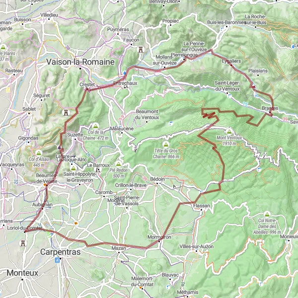 Karten-Miniaturansicht der Radinspiration "Gravel-Tour durch Mollans-sur-Ouvèze und Avignon" in Provence-Alpes-Côte d’Azur, France. Erstellt vom Tarmacs.app-Routenplaner für Radtouren