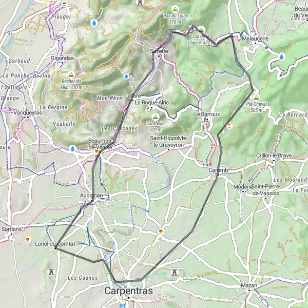 Karten-Miniaturansicht der Radinspiration "Weinlehrpfad durch Beaumes-de-Venise" in Provence-Alpes-Côte d’Azur, France. Erstellt vom Tarmacs.app-Routenplaner für Radtouren