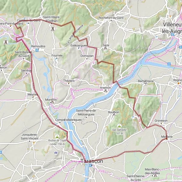 Mapa miniatúra "Gravel Biking through Provence Countryside" cyklistická inšpirácia v Provence-Alpes-Côte d’Azur, France. Vygenerované cyklistickým plánovačom trás Tarmacs.app