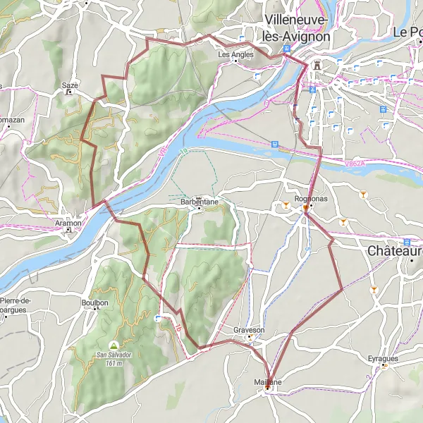 Miniatua del mapa de inspiración ciclista "Ruta de Gravel a Graveson" en Provence-Alpes-Côte d’Azur, France. Generado por Tarmacs.app planificador de rutas ciclistas