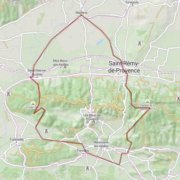 Kartminiatyr av "Gjennom Alpilles-fjellene og Paradou" sykkelinspirasjon i Provence-Alpes-Côte d’Azur, France. Generert av Tarmacs.app sykkelrutoplanlegger