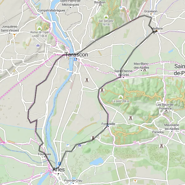 Miniatuurkaart van de fietsinspiratie "Route door Saint-Étienne-du-Grès en Arles" in Provence-Alpes-Côte d’Azur, France. Gemaakt door de Tarmacs.app fietsrouteplanner