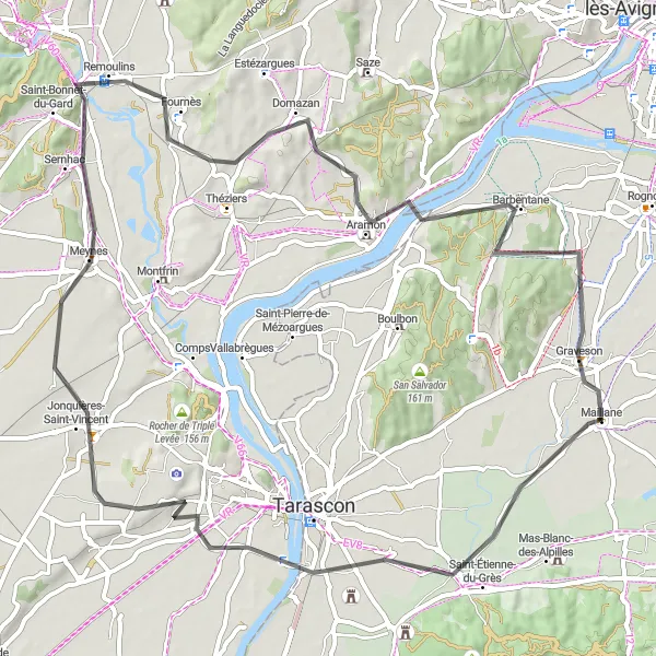 Miniatura mapy "Trasa przez Saint-Étienne-du-Grès, Jonquières-Saint-Vincent, Fournès, Aramon i Graveson" - trasy rowerowej w Provence-Alpes-Côte d’Azur, France. Wygenerowane przez planer tras rowerowych Tarmacs.app