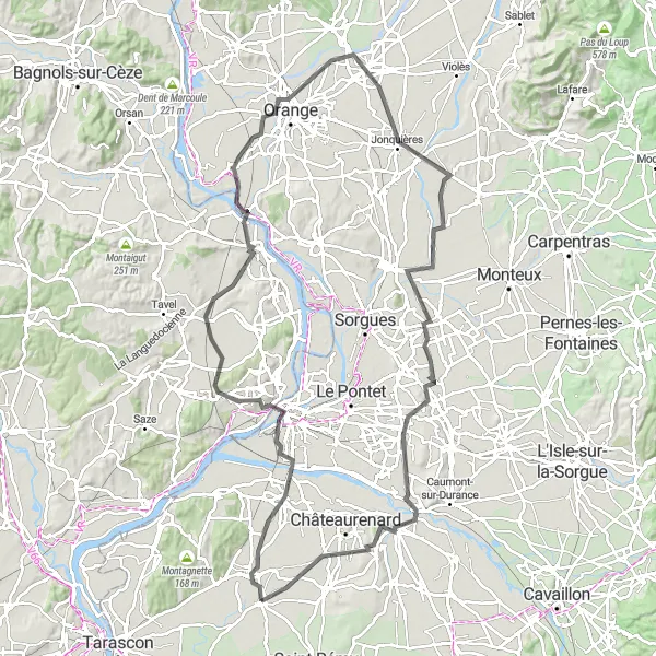 Miniature de la carte de l'inspiration cycliste "Le Tour des Vignobles de la Vallée du Rhône" dans la Provence-Alpes-Côte d’Azur, France. Générée par le planificateur d'itinéraire cycliste Tarmacs.app