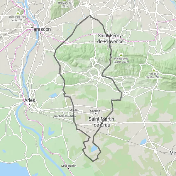 Mapa miniatúra "Scenic road tour of Alpilles" cyklistická inšpirácia v Provence-Alpes-Côte d’Azur, France. Vygenerované cyklistickým plánovačom trás Tarmacs.app