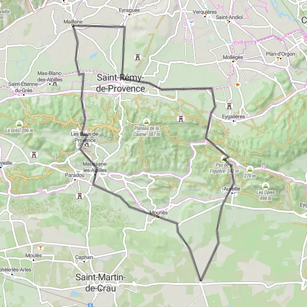 Zemljevid v pomanjšavi "Kolesarjenje po cestah Provanse" kolesarske inspiracije v Provence-Alpes-Côte d’Azur, France. Generirano z načrtovalcem kolesarskih poti Tarmacs.app