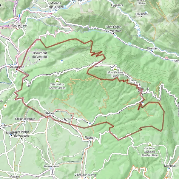 Zemljevid v pomanjšavi "Krožna kolesarska pot do Mont Ventouxa" kolesarske inspiracije v Provence-Alpes-Côte d’Azur, France. Generirano z načrtovalcem kolesarskih poti Tarmacs.app