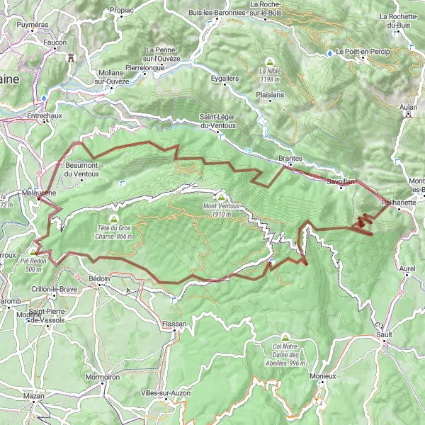 Mapa miniatúra "Náročná gravelová cesta okolo horských průsmyků" cyklistická inšpirácia v Provence-Alpes-Côte d’Azur, France. Vygenerované cyklistickým plánovačom trás Tarmacs.app