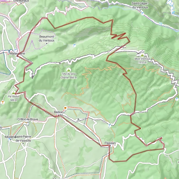 Miniaturní mapa "Gravel Kolo od Malaucène" inspirace pro cyklisty v oblasti Provence-Alpes-Côte d’Azur, France. Vytvořeno pomocí plánovače tras Tarmacs.app