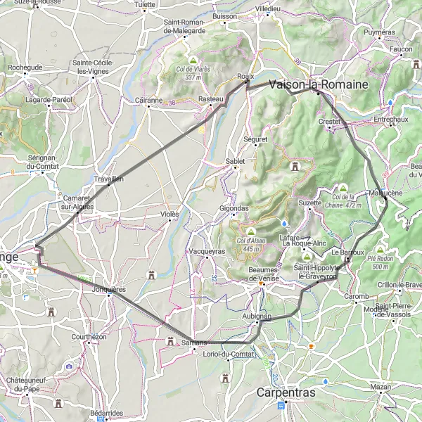 Map miniature of "The Barroux Route" cycling inspiration in Provence-Alpes-Côte d’Azur, France. Generated by Tarmacs.app cycling route planner