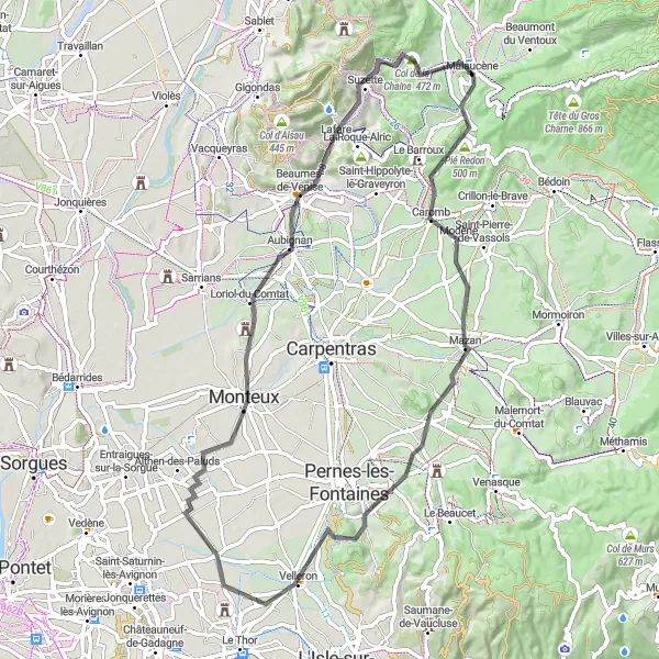 Map miniature of "Discover Mazan and Velleron" cycling inspiration in Provence-Alpes-Côte d’Azur, France. Generated by Tarmacs.app cycling route planner