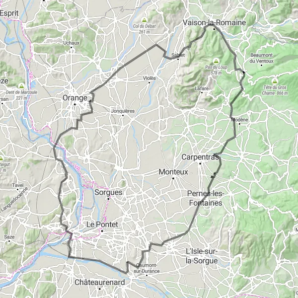 Miniatuurkaart van de fietsinspiratie "Tocht langs Pernes-les-Fontaines en Vaison-la-Romaine" in Provence-Alpes-Côte d’Azur, France. Gemaakt door de Tarmacs.app fietsrouteplanner