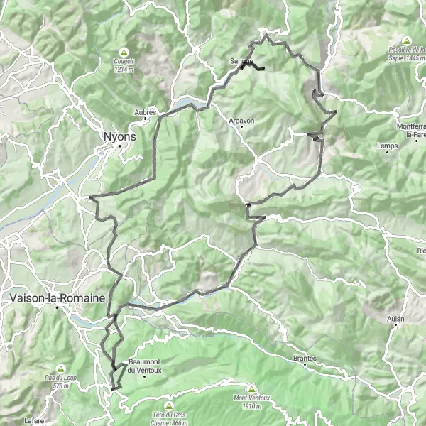 Zemljevid v pomanjšavi "Potovanje po cesti s številnimi zanimivimi postanki" kolesarske inspiracije v Provence-Alpes-Côte d’Azur, France. Generirano z načrtovalcem kolesarskih poti Tarmacs.app