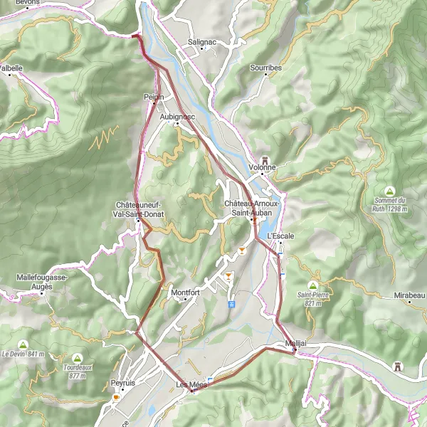 Mapa miniatúra "Krátky gravel okolo Malijai" cyklistická inšpirácia v Provence-Alpes-Côte d’Azur, France. Vygenerované cyklistickým plánovačom trás Tarmacs.app