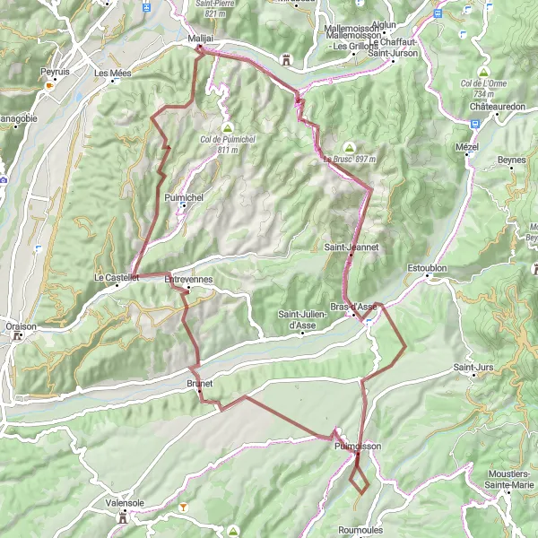 Miniature de la carte de l'inspiration cycliste "Parcours de Vélo de Gravier à partir de Malijai" dans la Provence-Alpes-Côte d’Azur, France. Générée par le planificateur d'itinéraire cycliste Tarmacs.app