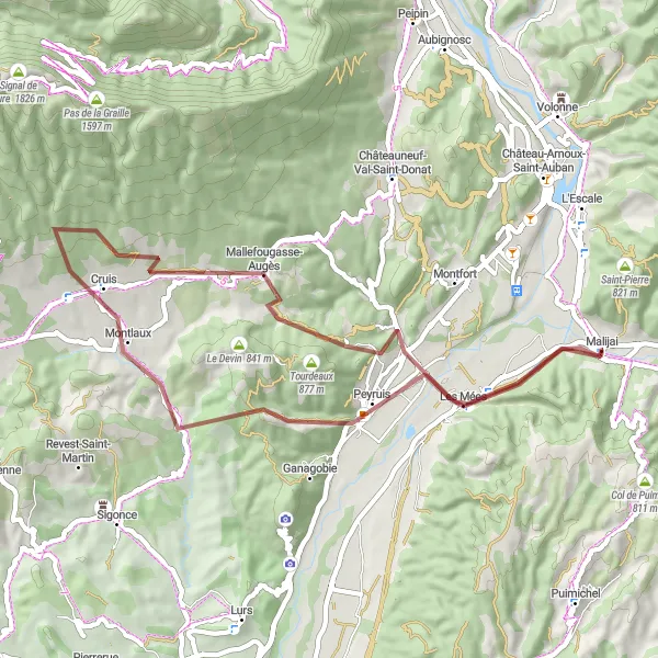 Zemljevid v pomanjšavi "Pustolovski spust proti Malijaiju" kolesarske inspiracije v Provence-Alpes-Côte d’Azur, France. Generirano z načrtovalcem kolesarskih poti Tarmacs.app