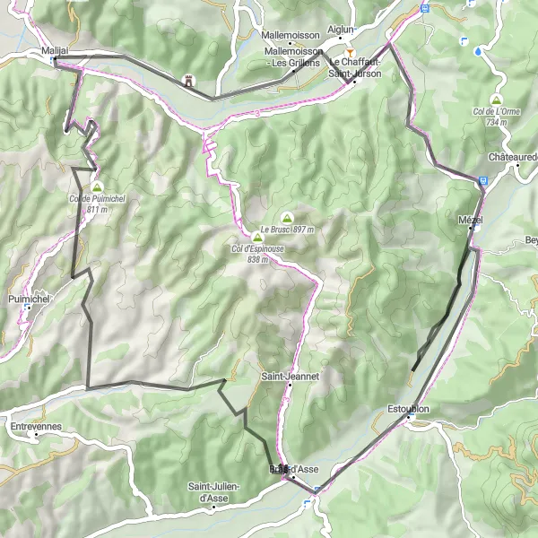 Miniatuurkaart van de fietsinspiratie "Le Chaffaut-Saint-Jurson - Mézel - Bras-d'Asse - Malijai route" in Provence-Alpes-Côte d’Azur, France. Gemaakt door de Tarmacs.app fietsrouteplanner