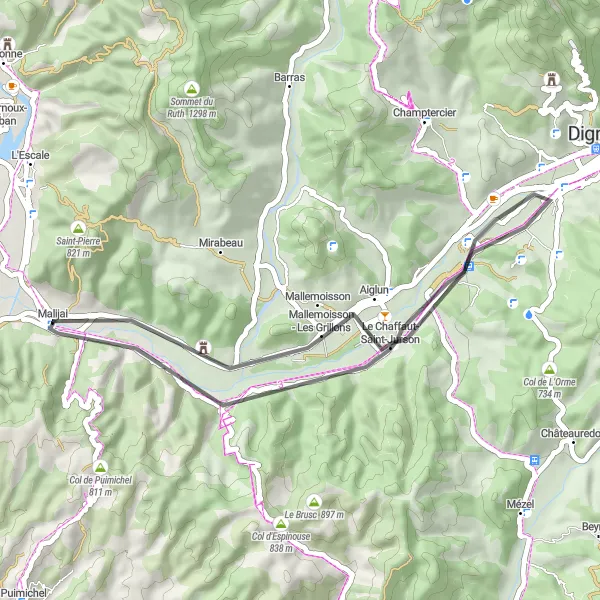 Miniatuurkaart van de fietsinspiratie "Malijai - Lagremuse - Mallemoisson - Beauveset route" in Provence-Alpes-Côte d’Azur, France. Gemaakt door de Tarmacs.app fietsrouteplanner