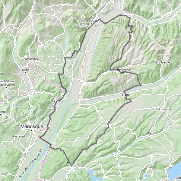 Map miniature of "Road Adventure: Col de Puimichel and Valensole" cycling inspiration in Provence-Alpes-Côte d’Azur, France. Generated by Tarmacs.app cycling route planner