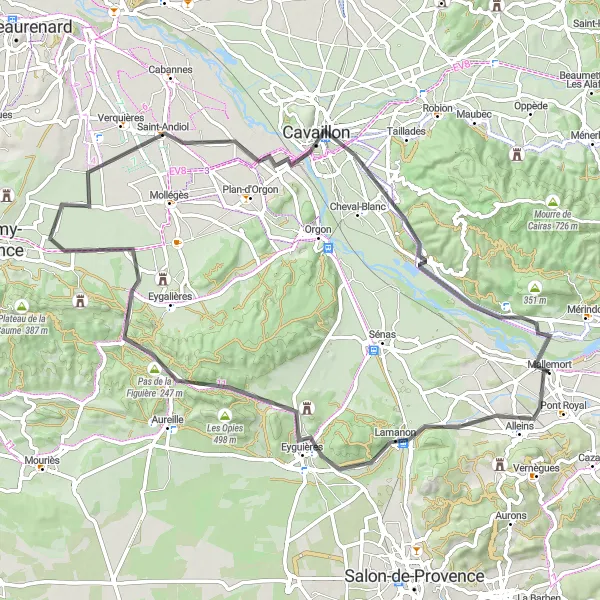 Map miniature of "Eyguières to Cavaillon" cycling inspiration in Provence-Alpes-Côte d’Azur, France. Generated by Tarmacs.app cycling route planner