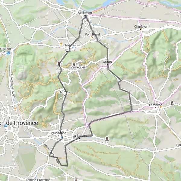 Miniature de la carte de l'inspiration cycliste "Circuit autour de Mallemort" dans la Provence-Alpes-Côte d’Azur, France. Générée par le planificateur d'itinéraire cycliste Tarmacs.app