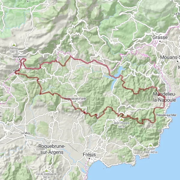 Map miniature of "Gravel Adventure through Mandelieu-la-Napoule and Bagnols-en-Forêt" cycling inspiration in Provence-Alpes-Côte d’Azur, France. Generated by Tarmacs.app cycling route planner