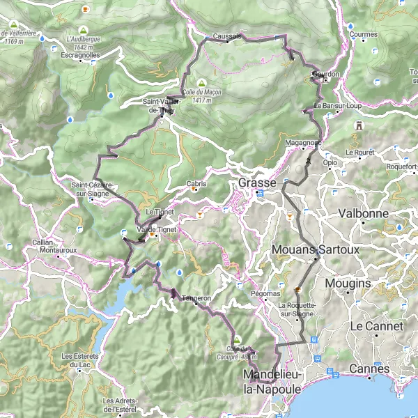 Zemljevid v pomanjšavi "Izjemna cestna tura okoli Mandelieu-la-Napoule" kolesarske inspiracije v Provence-Alpes-Côte d’Azur, France. Generirano z načrtovalcem kolesarskih poti Tarmacs.app