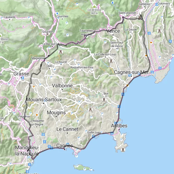 Miniatura mapy "Trasa z Mandelieu-la-Napoule do Vence i z powrotem" - trasy rowerowej w Provence-Alpes-Côte d’Azur, France. Wygenerowane przez planer tras rowerowych Tarmacs.app