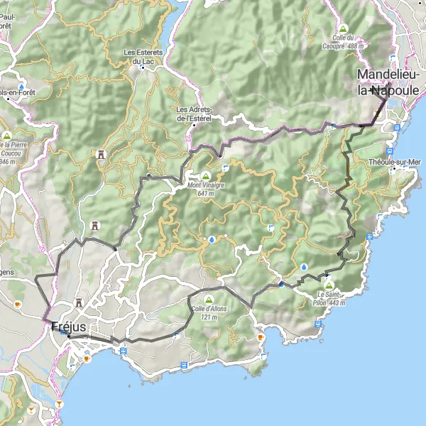 Miniaturní mapa "Exkurze po okolí Mandelieu-la-Napoule" inspirace pro cyklisty v oblasti Provence-Alpes-Côte d’Azur, France. Vytvořeno pomocí plánovače tras Tarmacs.app