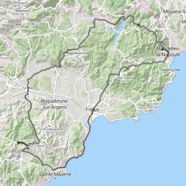 Miniaturní mapa "Okruh kolem Mandelieu-la-Napoule" inspirace pro cyklisty v oblasti Provence-Alpes-Côte d’Azur, France. Vytvořeno pomocí plánovače tras Tarmacs.app
