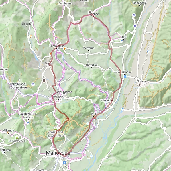 Miniatua del mapa de inspiración ciclista "Ruta de Grava a través de Forcalquier y Volx" en Provence-Alpes-Côte d’Azur, France. Generado por Tarmacs.app planificador de rutas ciclistas