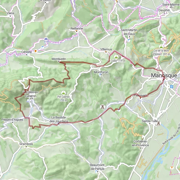 Miniaturní mapa "Manosque - Vitrolles-en-Luberon - Montfuron (53 km, 1233 m ascent, štěrk)" inspirace pro cyklisty v oblasti Provence-Alpes-Côte d’Azur, France. Vytvořeno pomocí plánovače tras Tarmacs.app
