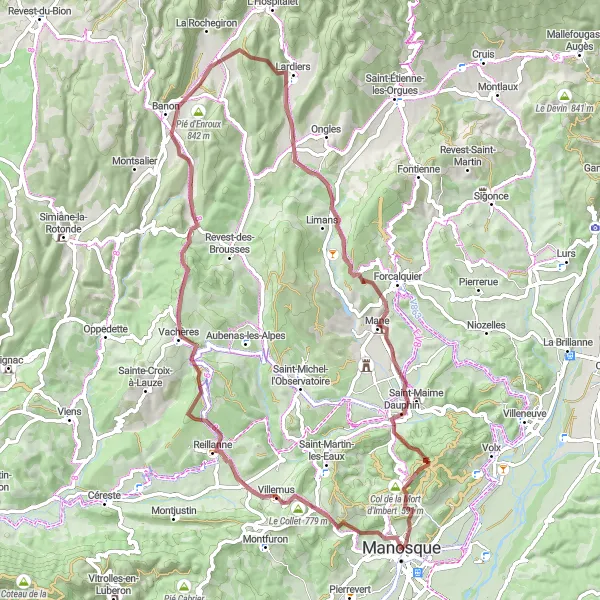 Mapa miniatúra "Gravelová cyklotrasa okolo Manosque (Provence-Alpes-Côte d’Azur, Francúzsko)" cyklistická inšpirácia v Provence-Alpes-Côte d’Azur, France. Vygenerované cyklistickým plánovačom trás Tarmacs.app
