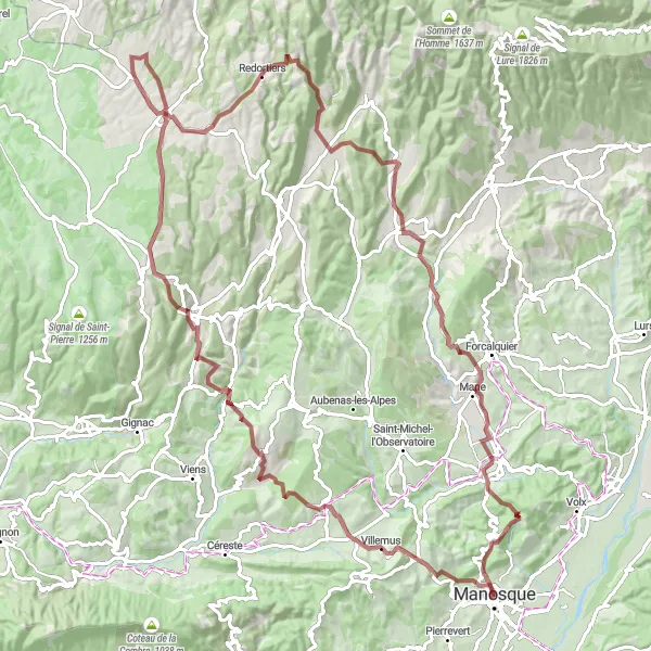 Miniaturní mapa "Manosque - Oppedette - Revest-du-Bion (112 km, 2530 m ascent, štěrk)" inspirace pro cyklisty v oblasti Provence-Alpes-Côte d’Azur, France. Vytvořeno pomocí plánovače tras Tarmacs.app