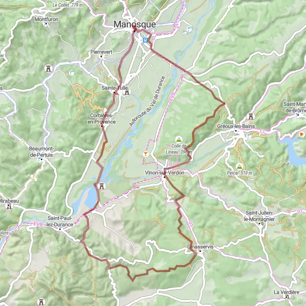 Miniaturní mapa "Gravelová cesta kolem Manosque" inspirace pro cyklisty v oblasti Provence-Alpes-Côte d’Azur, France. Vytvořeno pomocí plánovače tras Tarmacs.app