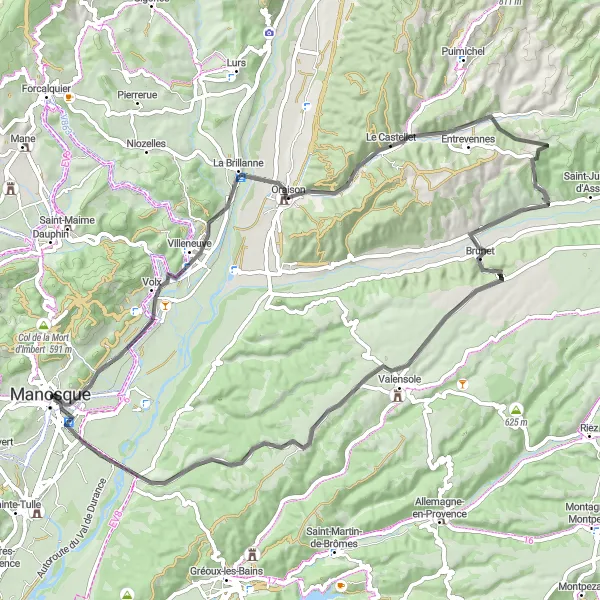 Zemljevid v pomanjšavi "Kolesarska pot Volx - Porte du Soubeyran" kolesarske inspiracije v Provence-Alpes-Côte d’Azur, France. Generirano z načrtovalcem kolesarskih poti Tarmacs.app