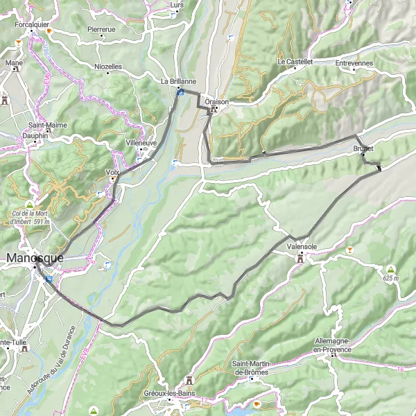 Zemljevid v pomanjšavi "Kolesarska pot okoli Manosque" kolesarske inspiracije v Provence-Alpes-Côte d’Azur, France. Generirano z načrtovalcem kolesarskih poti Tarmacs.app