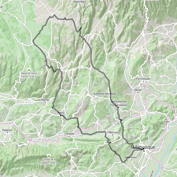 Miniaturní mapa "Cesta po silnici kolem Manosque" inspirace pro cyklisty v oblasti Provence-Alpes-Côte d’Azur, France. Vytvořeno pomocí plánovače tras Tarmacs.app