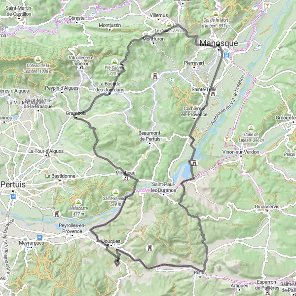 Miniaturní mapa "Manosque - Rians - Jouques (96 km, 1129 m ascent, silnice)" inspirace pro cyklisty v oblasti Provence-Alpes-Côte d’Azur, France. Vytvořeno pomocí plánovače tras Tarmacs.app