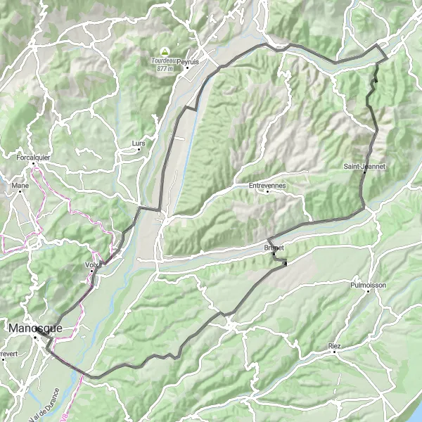 Miniaturní mapa "Cyklostezka okolo Manosque" inspirace pro cyklisty v oblasti Provence-Alpes-Côte d’Azur, France. Vytvořeno pomocí plánovače tras Tarmacs.app