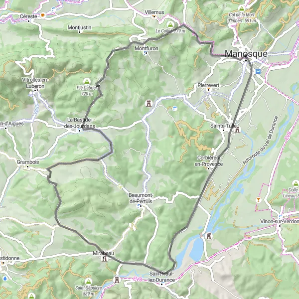 Miniaturní mapa "Cyklistická trasa Manosque Loop" inspirace pro cyklisty v oblasti Provence-Alpes-Côte d’Azur, France. Vytvořeno pomocí plánovače tras Tarmacs.app