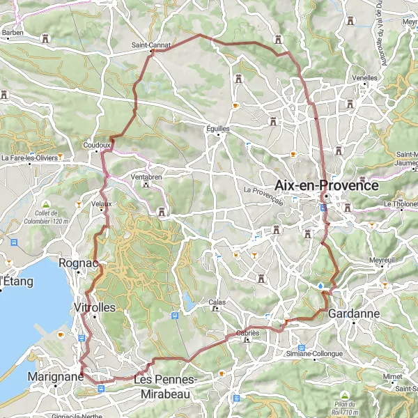 Map miniature of "Marignane to Aix-en-Provence Gravel Loop" cycling inspiration in Provence-Alpes-Côte d’Azur, France. Generated by Tarmacs.app cycling route planner