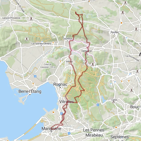 Kartminiatyr av "Grusvägscykling till Château de Marignane" cykelinspiration i Provence-Alpes-Côte d’Azur, France. Genererad av Tarmacs.app cykelruttplanerare