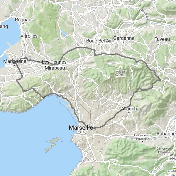 Kartminiatyr av "Marignane til Mont Julien Loop" sykkelinspirasjon i Provence-Alpes-Côte d’Azur, France. Generert av Tarmacs.app sykkelrutoplanlegger