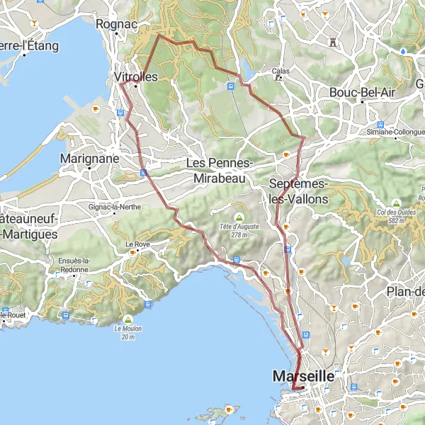 Kartminiatyr av "Graveläventyr runt Marseille" cykelinspiration i Provence-Alpes-Côte d’Azur, France. Genererad av Tarmacs.app cykelruttplanerare