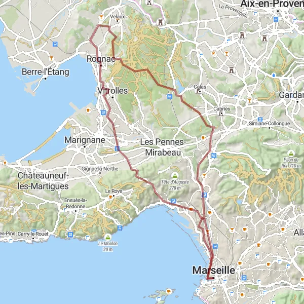 Miniaturní mapa "Gravel dobrodružství v okolí Marseille" inspirace pro cyklisty v oblasti Provence-Alpes-Côte d’Azur, France. Vytvořeno pomocí plánovače tras Tarmacs.app