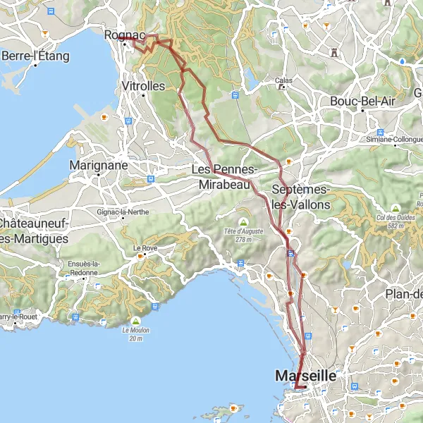 Miniatua del mapa de inspiración ciclista "Ruta Gravel a Les Pennes-Mirabeau" en Provence-Alpes-Côte d’Azur, France. Generado por Tarmacs.app planificador de rutas ciclistas