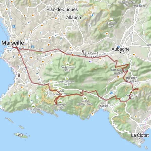 Miniatura mapy "Trasa gravelowa dookoła Marsylii" - trasy rowerowej w Provence-Alpes-Côte d’Azur, France. Wygenerowane przez planer tras rowerowych Tarmacs.app